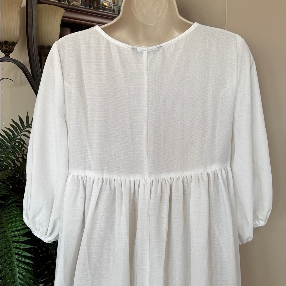 White Colorful Embroidered Tassel Babydoll Dress Puff Sleeves Beach V-Neck Mini - Picture 8 of 12